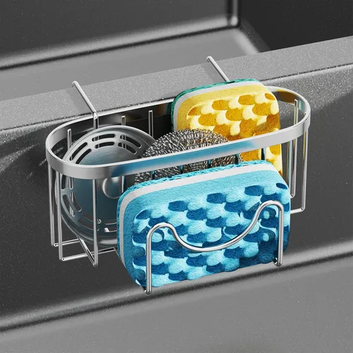 Miniatura 20 de HapiRm Organizador de esponja multifuncional con forma única en M, 2 métodos de instalación, organizador de fregadero de cocina, organizador