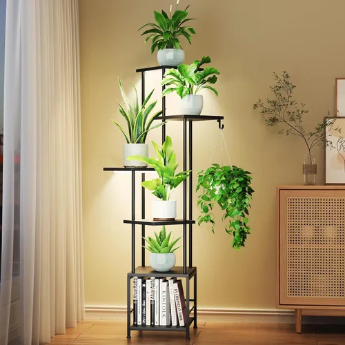 Miniatura 13 de Homsorout Soporte para plantas de interior con luz de crecimiento, soporte alto para plantas de 5 niveles para interiores, estante de metal