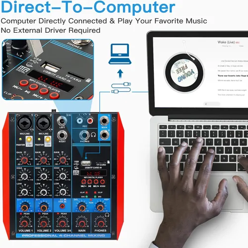 Miniatura 7 de Mezclador de audio de 4 canales, mini consola portátil de placa de sonido con interfaz de audio USB de 48 V Phantom Power Bluetooth USB MP3 DJ Mixer