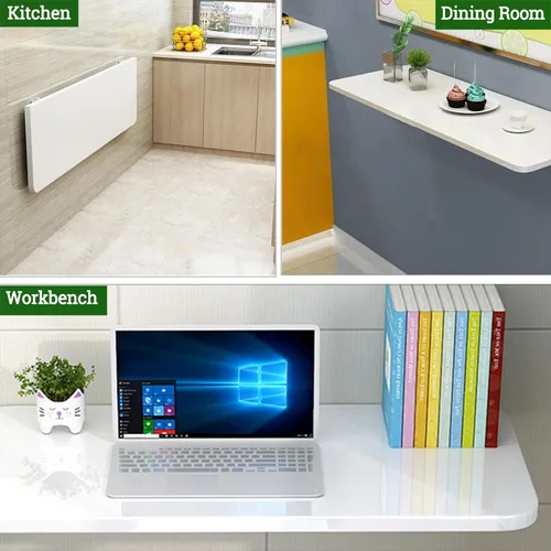 Miniatura 6 de Mesa plegable para montar en la pared, mesa de cocina de madera, mesa de comedor, escritorio flotante estrecho y largo montado en la pared, Blanco