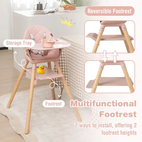 Miniatura 4 de BABY JOY Silla Alta para Bebé, Trona Convertible de Madera 6 en 1 para Bebés y Niños Pequeños con Patas Ajustables, Doble Bandeja Extraíble, Arnés