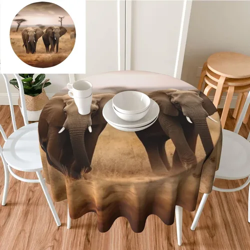 Mantel redondo de otoño de 60 x 60 pulgadas, mantel con estampado de animales salvajes y elefantes, impermeable, resistente a las arrugas, mantel de