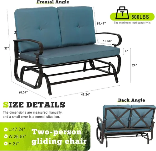 Miniatura 3 de Banco al aire libre para patio, mecedora de 2 asientos, mecedora de hierro forjado para patio exterior con cojín (azul)