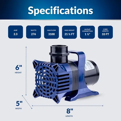 Miniatura 5 de Alpine Corporation PAL3100 Bomba de agua sumergible de 3100 GPH con cable de 33 pies, motor silencioso de 276 W, elevación de 21.5 pies, flujo