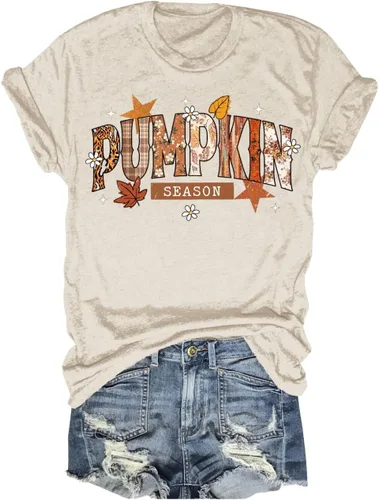 Miniatura 28 de Woffccrd - Camisetas divertidas con estampado de calabaza y leopardo para mujer, camisetas gráficas de manga corta de Halloween para mujer