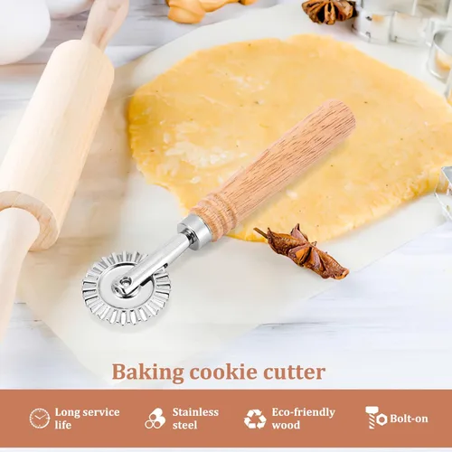 Miniatura 2 de SHANGSKY Rueda cortadora de repostería, rueda de corte de ravioles con mango largo de madera, cortador de pasta, bola de masa para hacer encaje