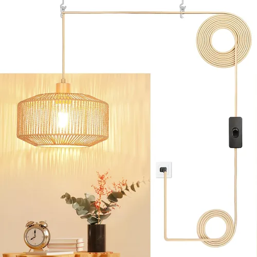 Miniatura 13 de Lámpara Colgante Enchufable de Ratán, Luces Colgantes Boho con Sombra Tejida de Papel y Tela 2 en 1, Bombilla Regulable de 3 Vías Incluida, Lámpara