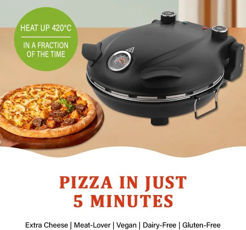 Miniatura 2 de Horno eléctrico de pizza de 12 pulgadas para interiores, portátil, máquina de pizza horneada con piedra calienta hasta 800˚F, control de temperatura