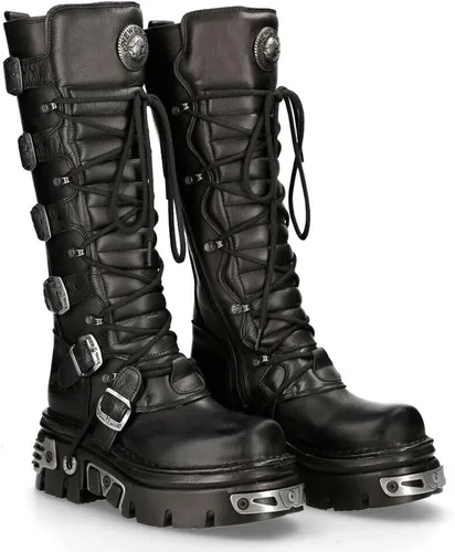 Miniatura 2 de New Rock Botas altas góticas Emo de cuero negro metálico 272-S1 para hombre con cierre de encaje y hebilla