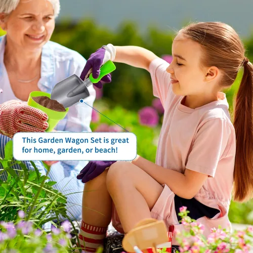 Miniatura 5 de PowerTRC Garden Wagon & Tools - Juego de 15 herramientas de jardinería para niños y vagones de juguete - Juguetes para niños pequeños al aire libre