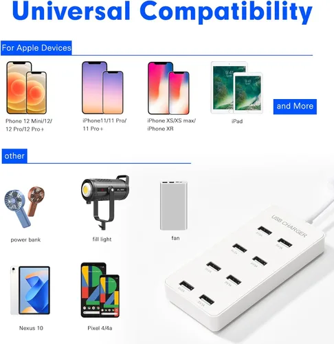 Miniatura 3 de Cargador de pared USB Estación de carga USB para múltiples dispositivos, tira de concentrador de carga de 8 puertos, bloque de cargador inteligente