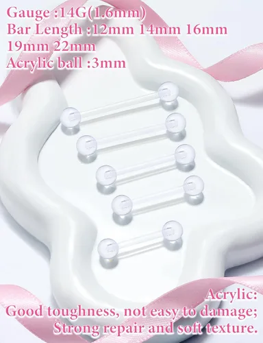 Miniatura 3 de Prjndjw 14G Acero quirúrgico rectas barras de pesas - Anillos para lengua y pezón para mujeres y hombres - Longitud 12MM, 14MM, 16MM, 18MM, 22mm