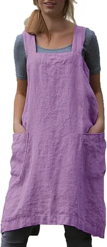 Miniatura 14 de Delantal de lino de algodón con espalda cruzada para mujer, con bolsillos, vestido para hornear y cocinar