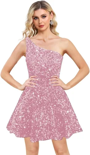 Vestidos cortos de lentejuelas para fiesta de exalumnos, vestidos cortos brillantes de un hombro para adolescentes, vestido de baile acampanado