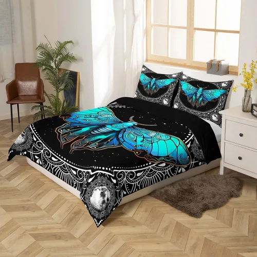 Miniatura 2 de Erosebridal Juego de funda de edredón de polilla azul, tamaño individual, para niños y niñas, estilo bohemio, floral, mandala, color blanco y negro