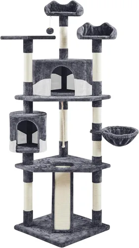 Miniatura 11 de Topeakmart Árbol para gatos grande de 79 pulgadas para gatos de interior, árbol para gatos de varios niveles con postes rascadores, cesta y postes