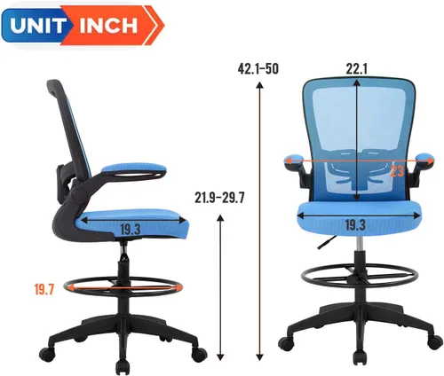 Miniatura 3 de Silla de oficina alta, de altura ajustable, con soporte lumbar y brazos abatibles; silla de respaldo de malla con reposapiés. Banco para escritorio