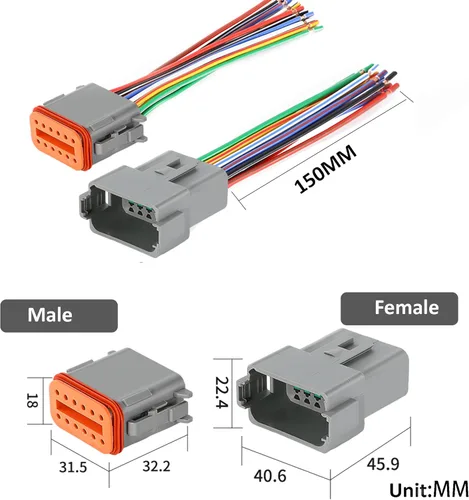 Miniatura 2 de Paquete de 2 conectores Deutsch DT de 12 pines, conectores eléctricos impermeables macho y hembra, arnés de cableado con 16 AWG 8 cables