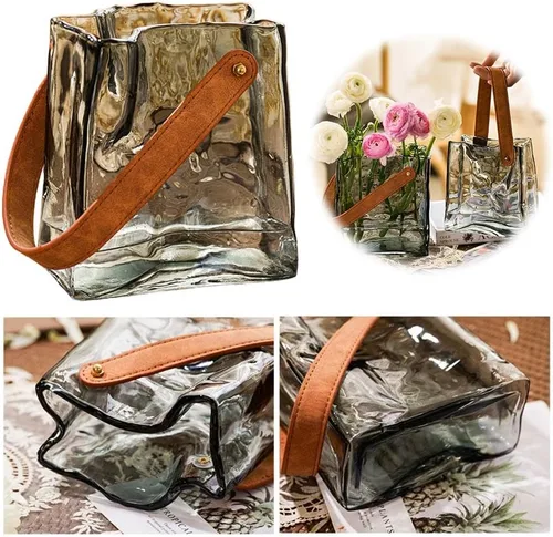 Miniatura 6 de Jarrón de cristal para flores, jarrones transparentes para centros de mesa, florero de bolsa con mango de cuero para decoración de bodas
