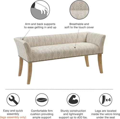 Miniatura 5 de Madison Park Banco decorativo para sala de estar, tapizado con ribete de cabeza de clavos y asiento acolchado para entrada, banco pequeño, banco