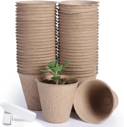 JERIA Paquete de 50 macetas de turba de 3.15 pulgadas para semillero con 50 etiquetas de plantas, macetas de germinación de jardín al aire libre,