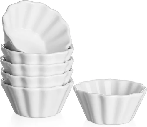 DOWAN Ramekins - Juego de 6 recipientes aptos para horno, 8 onzas, moldes de porcelana Creme Brulee para hornear, tazas de natillas en forma de