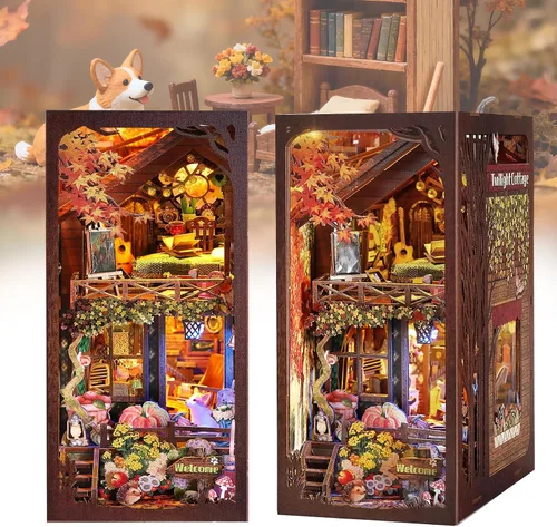 Autumn Cottage - Kits de rincón de libro para adultos, rompecabezas 3D de bosque acogedor con LED, hojas de otoño y diorama de cachorro, regalos