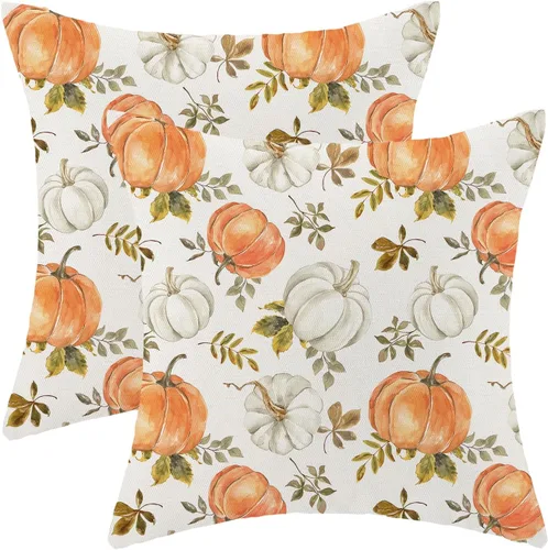 Miniatura 54 de AEIOAE - Juego de 2 fundas cuadradas de almohadones de lino para otoño con calabaza en tono naranja quemado y blanco, para decoración al aire libre