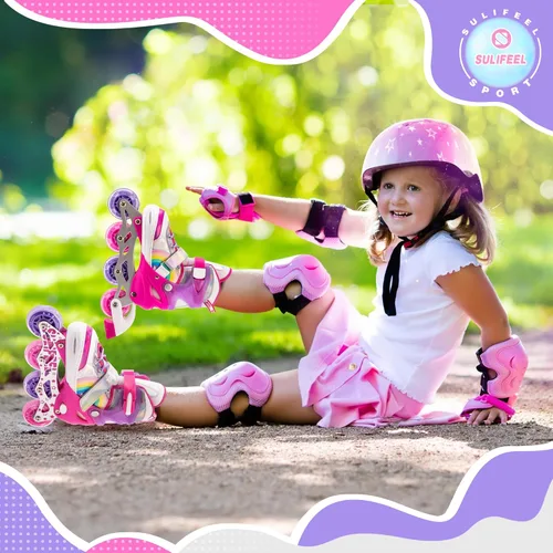 Miniatura 6 de SULIFEEL Patines en línea de unicornio arcoíris para niñas y niños, 4 tamaños, ajustables, con ruedas iluminadas, para niños principiantes C rosado