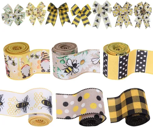 Miniatura 7 de 6 rollos de cinta de abeja de 30 yardas, cinta de borde con cable, cinta de miel para envoltura de manualidades de primavera y verano, rayas de 2.5