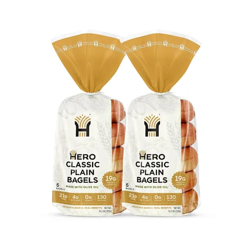 Hero Classic Plain Bagel - 4 g de carbohidratos netos, 19 g de proteína, alta fibra, 130 calorías por porción (10 bagels, 2 paquetes de 5)