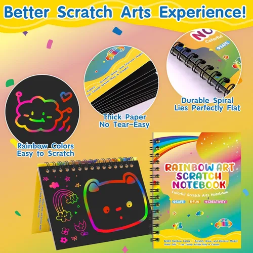 Miniatura 2 de YSCare Artículos de Fiesta de Arte de Rascar para Niños: 16 Pack Cuaderno de Arte de Rascar Arcoíris, Kit de Manualidades y Artesanías, Bolsas