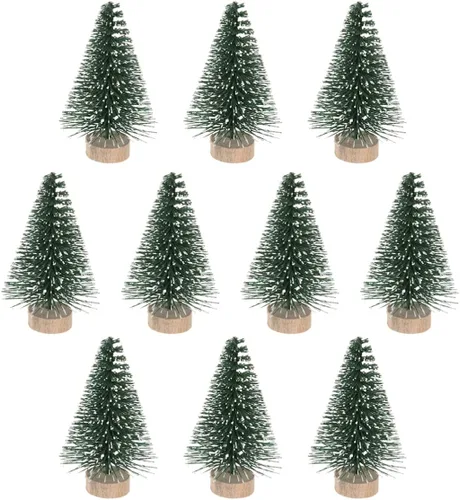 SEWACC 10 mini árboles de Navidad de 2.0 in, botella de escarcha de nieve artificial con base de madera, adornos de nieve de invierno para Navidad,