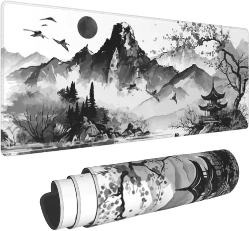 Miniatura 15 de Alfombrilla de mouse para juegos de acuarela japonesa negra y blanca con flor de cerezo de 35.4 x 15.7 pulgadas, XXL extendida, alfombrilla de mouse