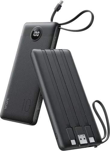 VRURC Cargador portátil, batería de viaje compacta con 4 cables integrados de 10000 mAh, banco de carga USB C con pantalla LED, batería de viaje