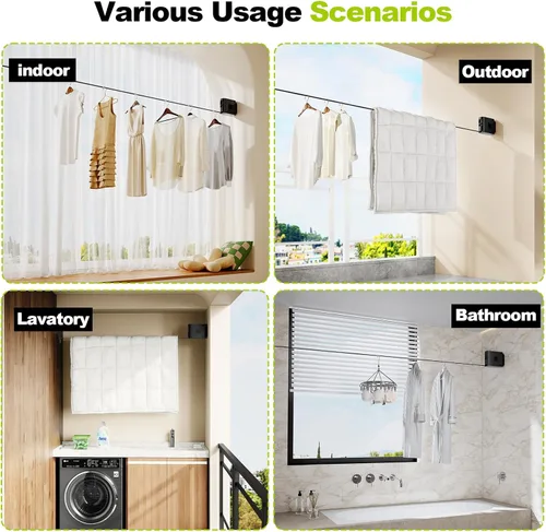 Miniatura 7 de Tendedero retráctil de TPU de 13.9 pies para interiores y exteriores, línea de secado resistente al viento para montar en la pared con agujeros Negro