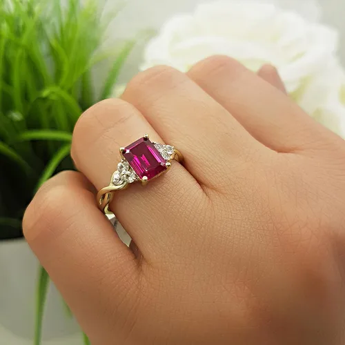 Miniatura 2 de Dazzlingrock Collection 8x6mm Emerald Shape Center Lab Created Ruby & 2.2mm Round White Sapphire on Side Crisscross Shank Engagement Ring for Her in