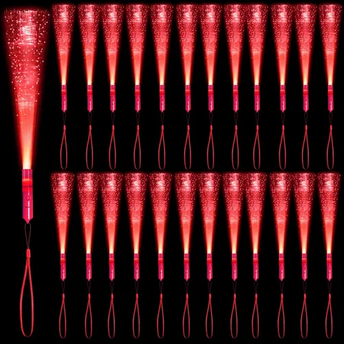 Paquete de 24 Varitas de Fibra Óptica Rojas Brillantes a Granel Enormes Varitas Luminosas Bastones Luminosos de 14.2 Pulgadas con 3 Modos de Luz Rojo
