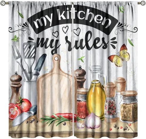 Miniatura 12 de Cortinas de cocina estilo retro, 2 paneles con bolsillo para cortinero, decoración de dormitorio, cocina, cafetería, 42 pulgadas de ancho x 45