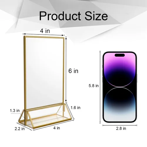Miniatura 2 de NIUBEE Paquete de 6 soportes de acrílico transparente de 4 x 6 con bordes dorados y soporte vertical, soportes de menú de mesa de doble cara marcos