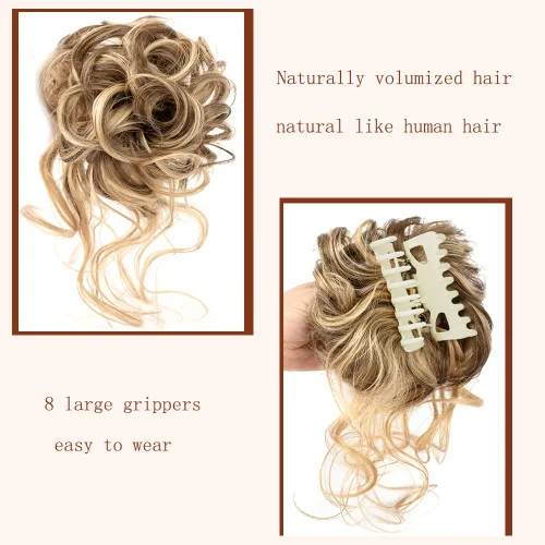 Miniatura 3 de Piezas de cabello con moño desordenado para mujer, piezas de cabello con clip y gancho, extensiones de cabello sintético con chignon súper largas