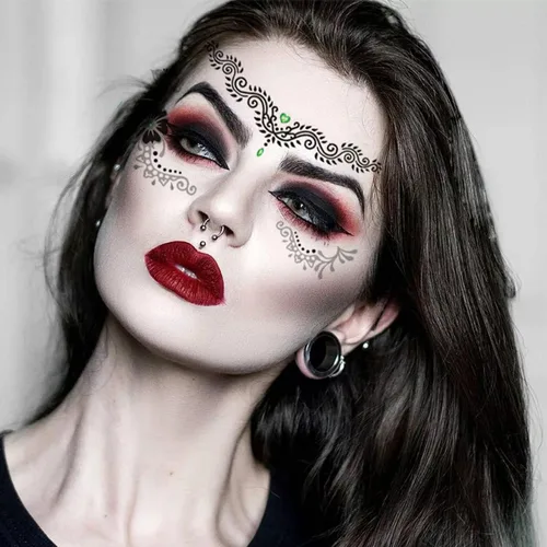 Miniatura 3 de Paquete de 9 calcomanías de maquillaje facial de ojos, impermeables, de encaje negro, tatuaje temporal para mujeres y niñas, Halloween, Navidad