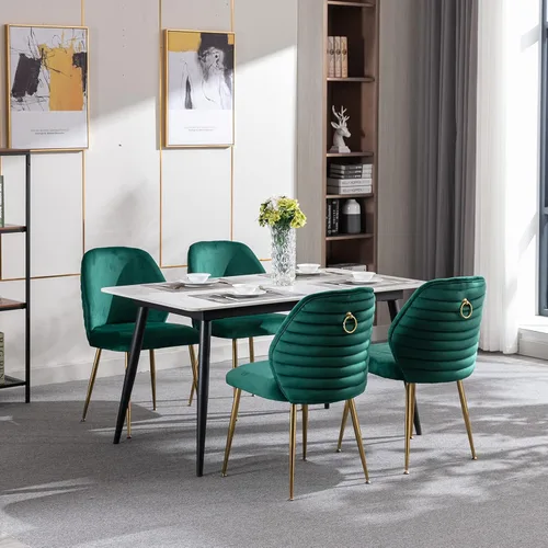 Miniatura 7 de Juego de 2 sillas de comedor tapizadas, modernas de terciopelo de mediados de siglo con respaldo de ala y patas de metal dorado, cómoda silla