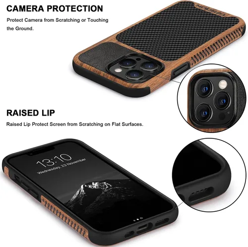 Miniatura 4 de TENDLIN Compatible con iPhone 13 Pro Max, funda de grano de madera con textura de fibra de carbono, funda híbrida de cuero compatible con iPhone 13