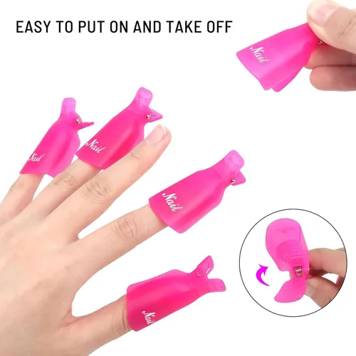 Miniatura 6 de Kit de removedor de esmalte de uñas de gel con 10 clips de removedor de esmalte de uñas rosa con tapa, botella dispensadora, empujador de cutículas