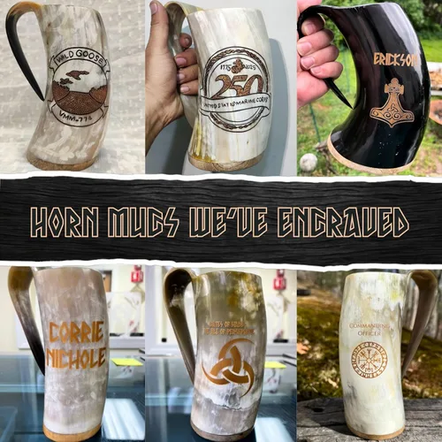 Miniatura 2 de Norse Tradesman LG Viking Cuerno para Beber - Jarra de Cuerno de Cerveza 100% Auténtica con Fondo de Madera Dura y Grabados de Anillos The