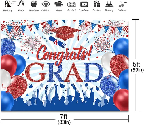 Miniatura 3 de Telón de fondo rojo y azul con texto en inglés "Congrats Grad" de 7 x 5 pies para graduación de graduación de 2026, decoración de fiesta