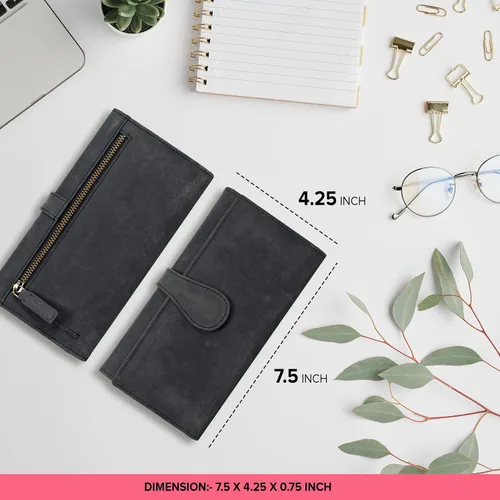 Miniatura 2 de Cartera de cuero real para mujer con bloqueo RFID, diseño triple tarjetero para damas con ventana de identificación