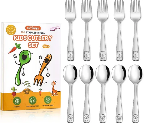 VITEVER Utensilios para Niños Pequeños de 10 Piezas, Juego de Cubiertos de Acero Inoxidable para Niños, Tenedores y Cucharas Seguros para Niños -