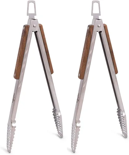 Miniatura 11 de Pinzas para barbacoa de acero inoxidable 18/0 de 9 pulgadas con mango ergonómico de madera de roble real para cocinar, accesorio duradero